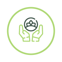 two hands holding a circular icon with a crown symbol representing care and support for three key values of wellness and sustainability
