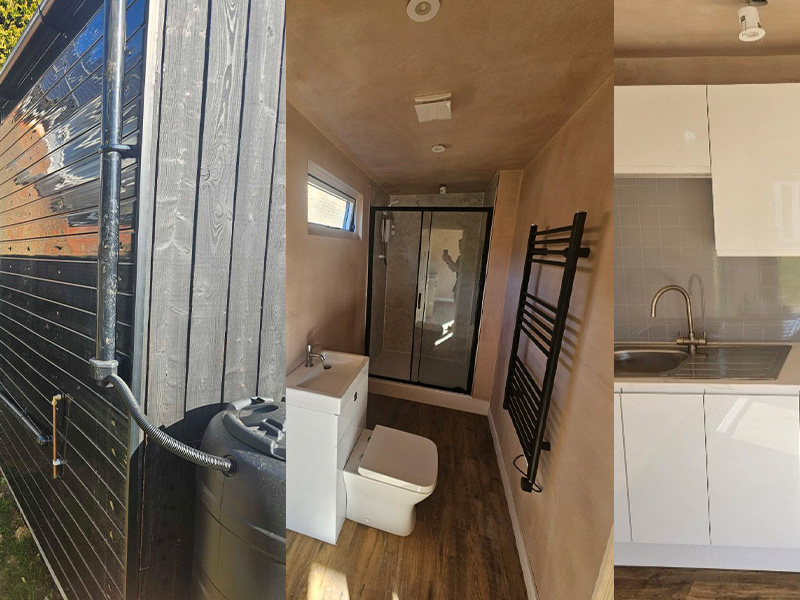 construction of a foundation with metal panels in a garden setting for a future project in the background